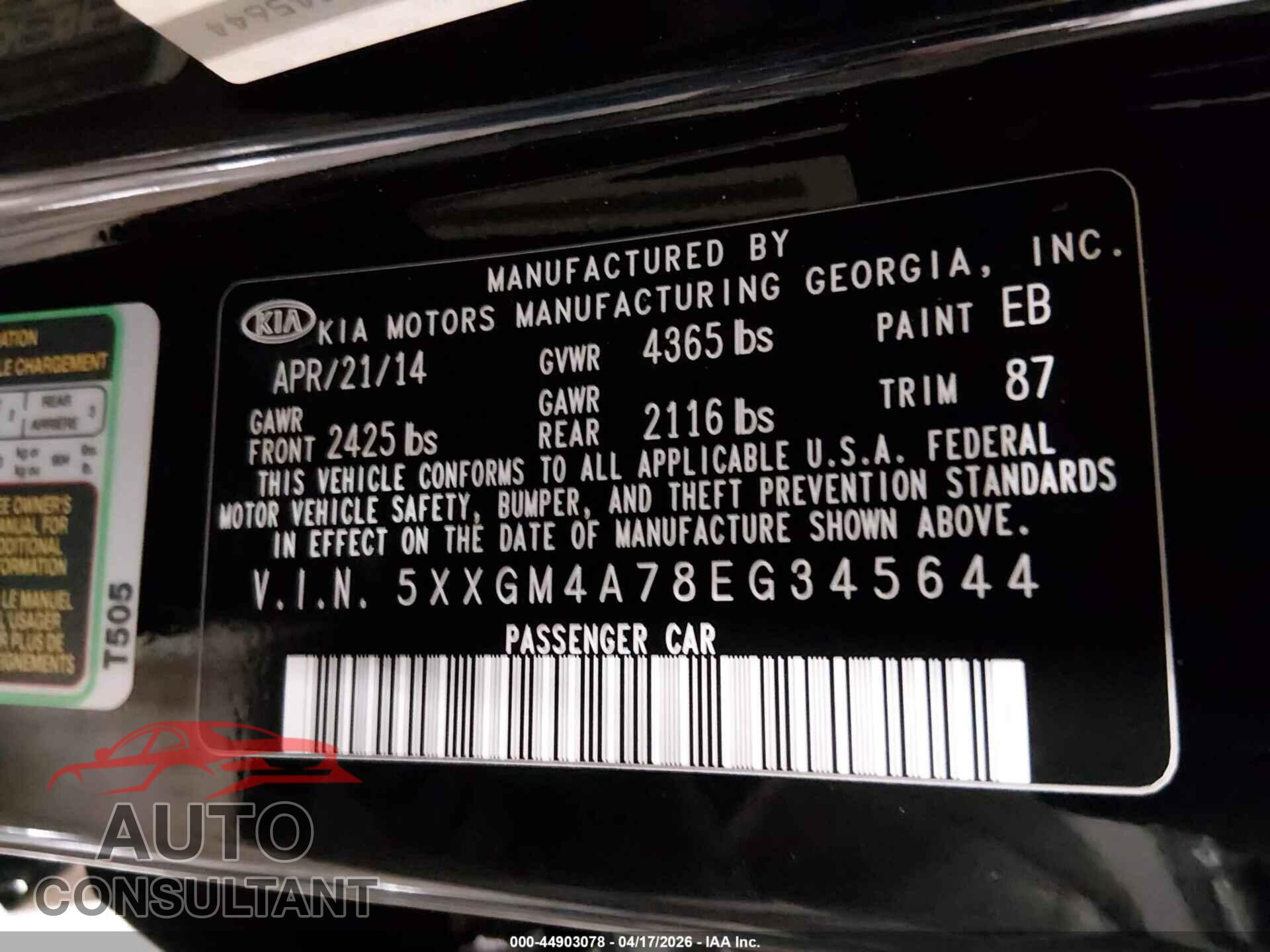 KIA OPTIMA 2014 - 5XXGM4A78EG345644