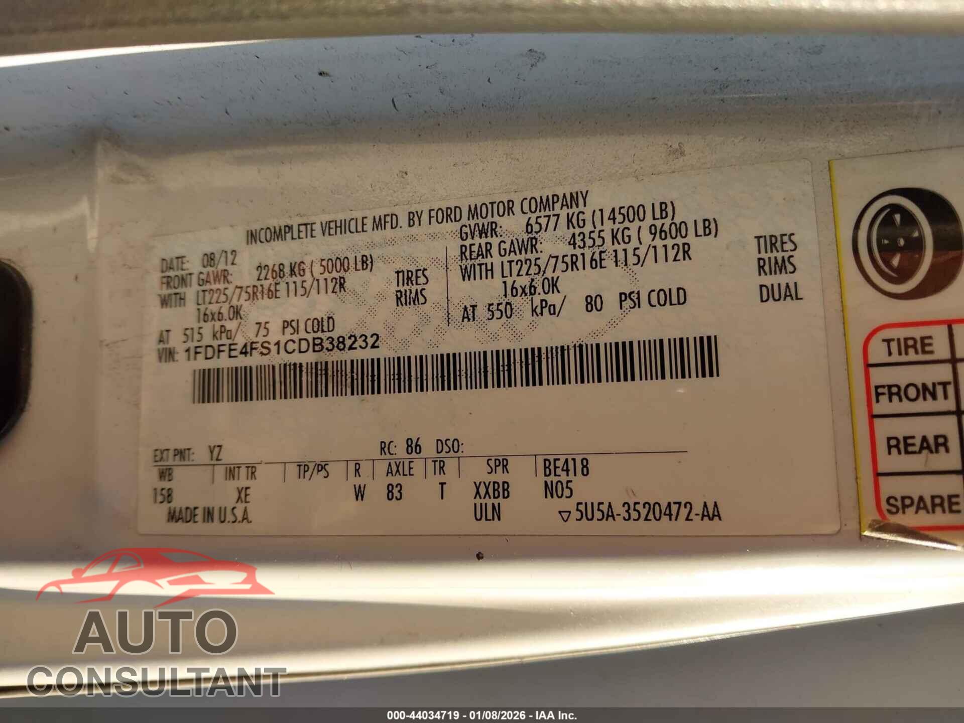 FORD E-450 CUTAWAY 2012 - 1FDFE4FS1CDB38232
