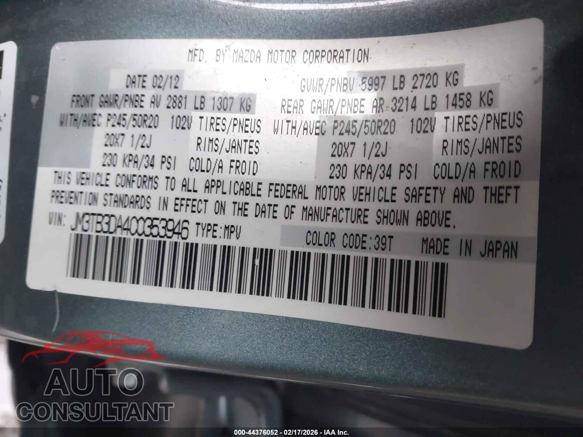 MAZDA CX-9 2012 - JM3TB3DA4C0353946