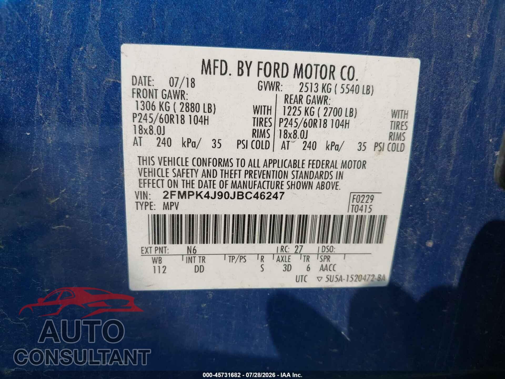 FORD EDGE 2018 - 2FMPK4J90JBC46247