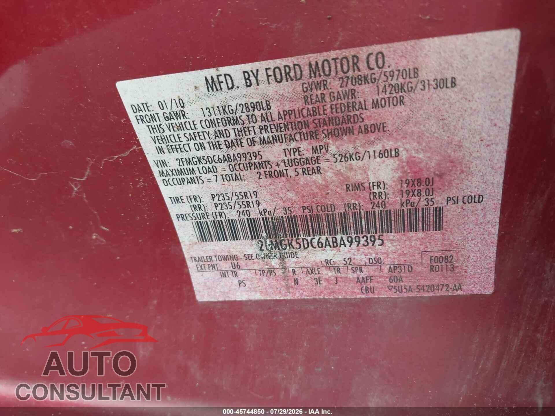 FORD FLEX 2010 - 2FMGK5DC6ABA99395