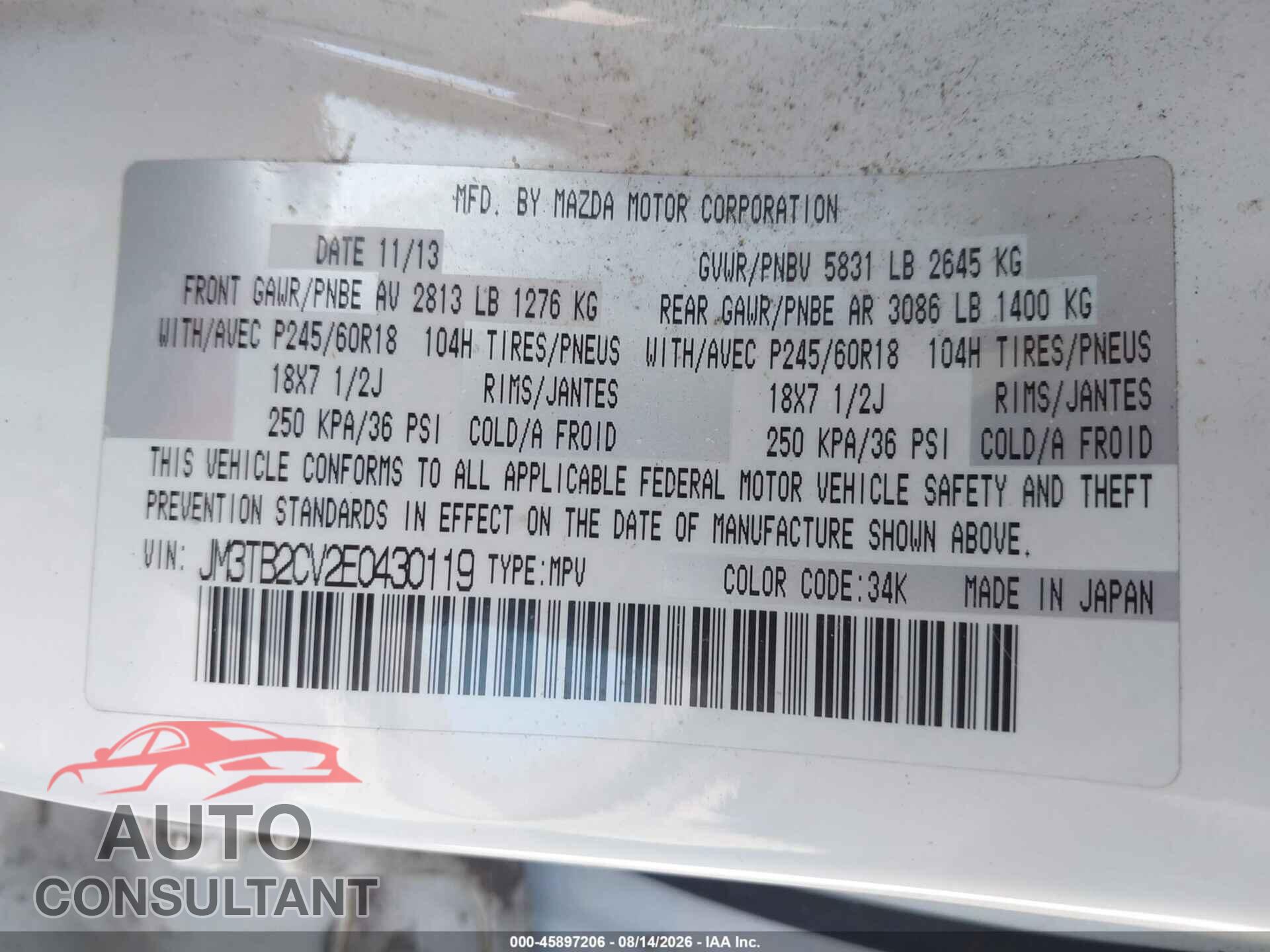 MAZDA CX-9 2014 - JM3TB2CV2E0430119