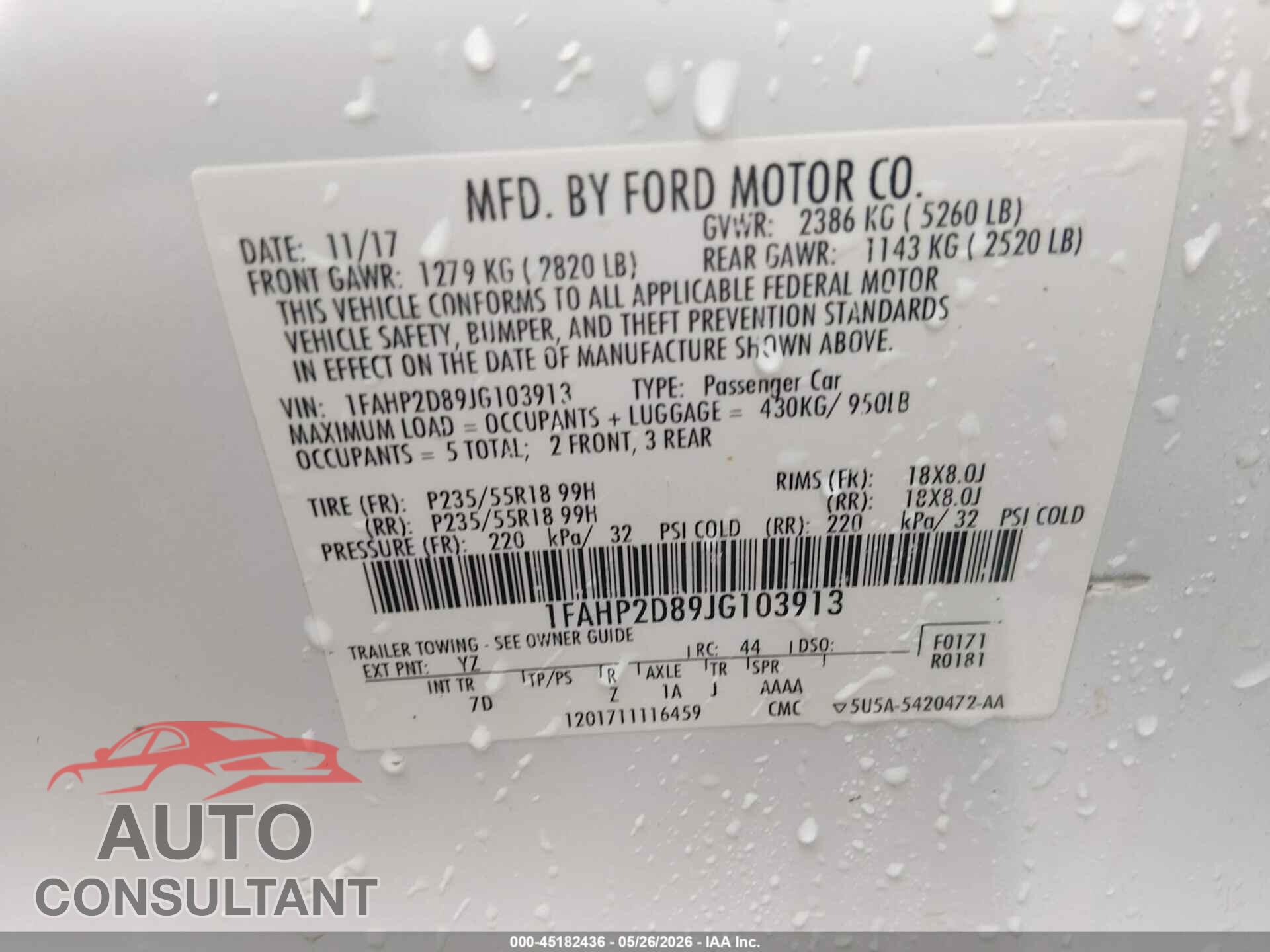 FORD TAURUS 2018 - 1FAHP2D89JG103913