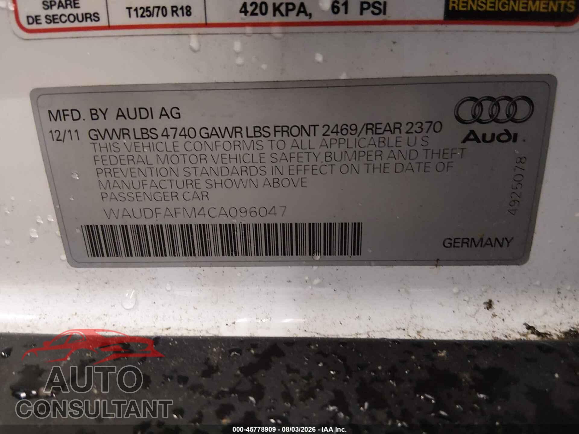AUDI A3 2012 - WAUDFAFM4CA096047