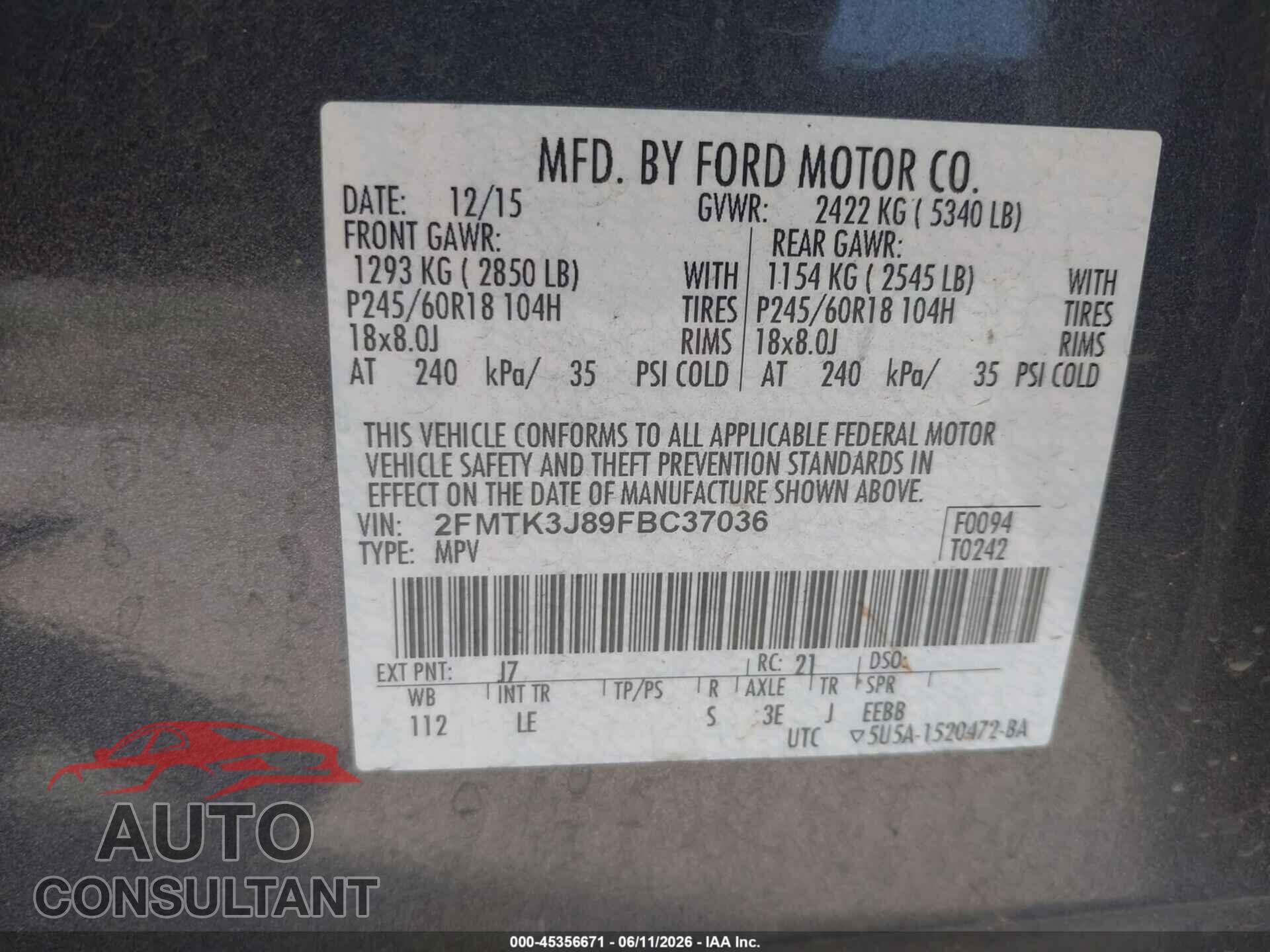 FORD EDGE 2015 - 2FMTK3J89FBC37036