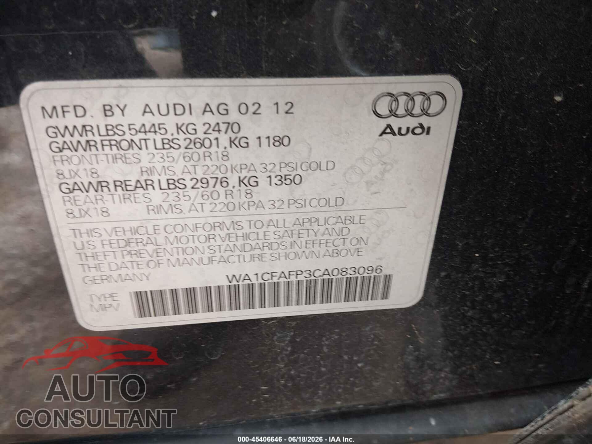 AUDI Q5 2012 - WA1CFAFP3CA083096