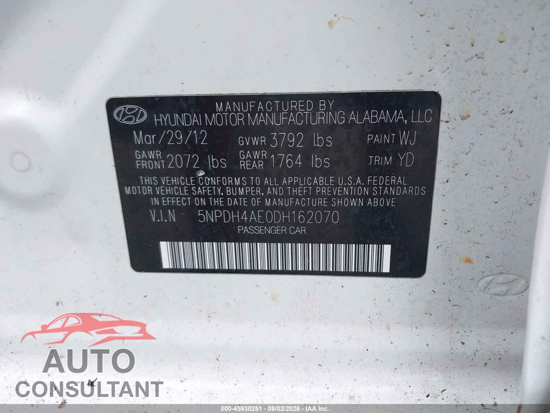 HYUNDAI ELANTRA 2013 - 5NPDH4AE0DH162070
