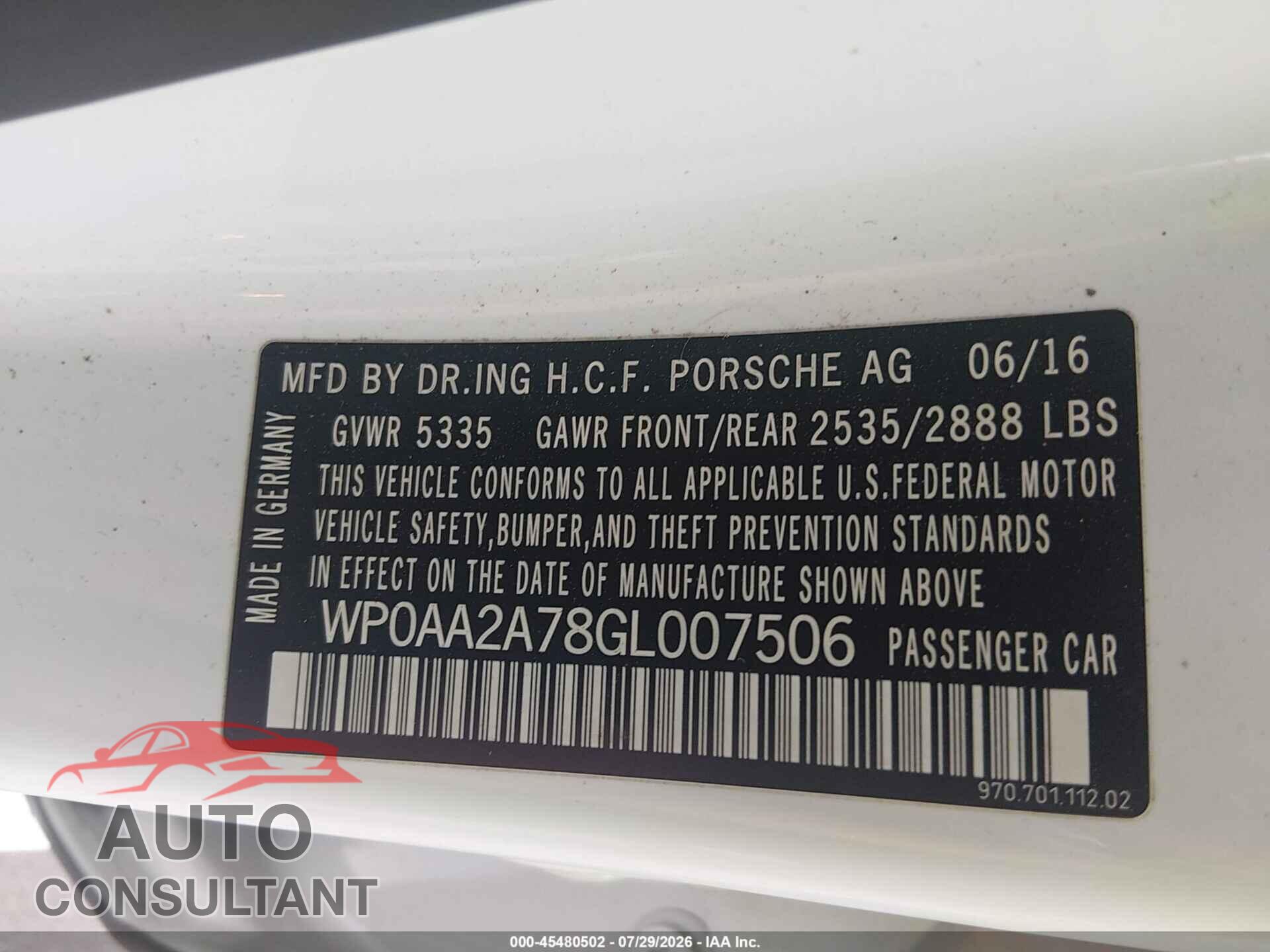 PORSCHE PANAMERA 2016 - WP0AA2A78GL007506