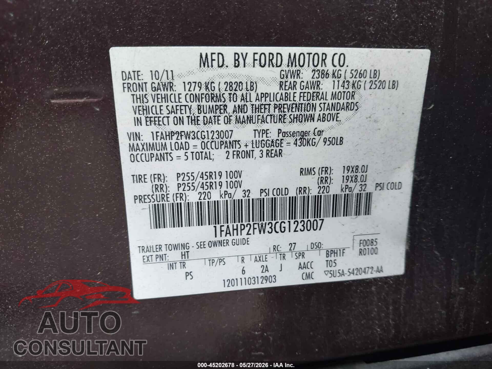FORD TAURUS 2012 - 1FAHP2FW3CG123007