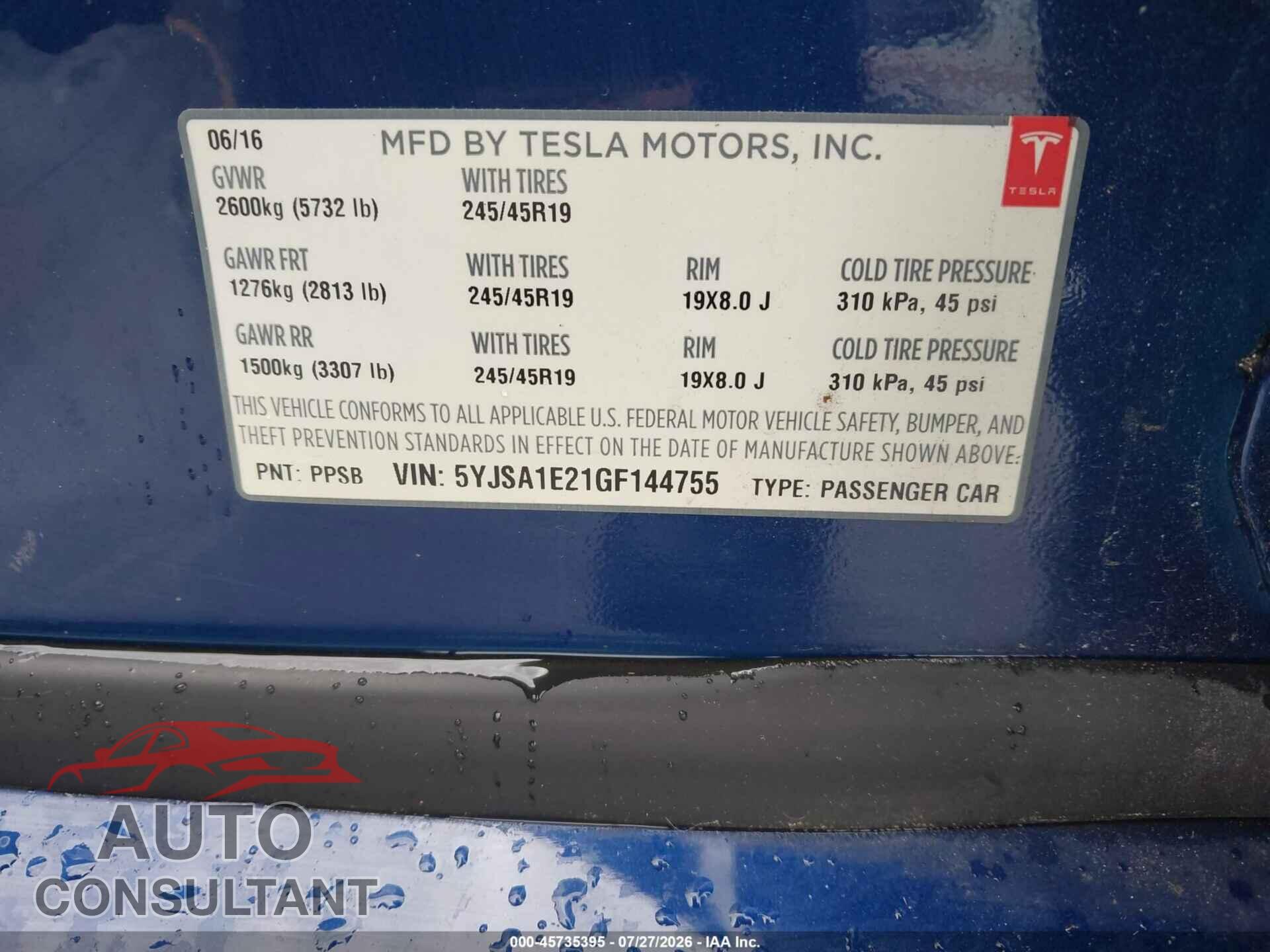 TESLA MODEL S 2016 - 5YJSA1E21GF144755