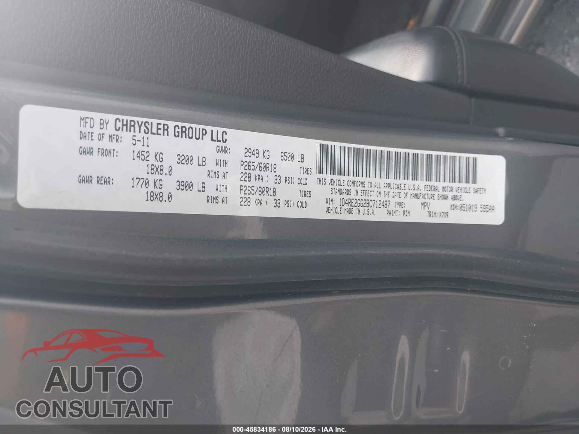 DODGE DURANGO 2011 - 1D4RE2GG2BC712487