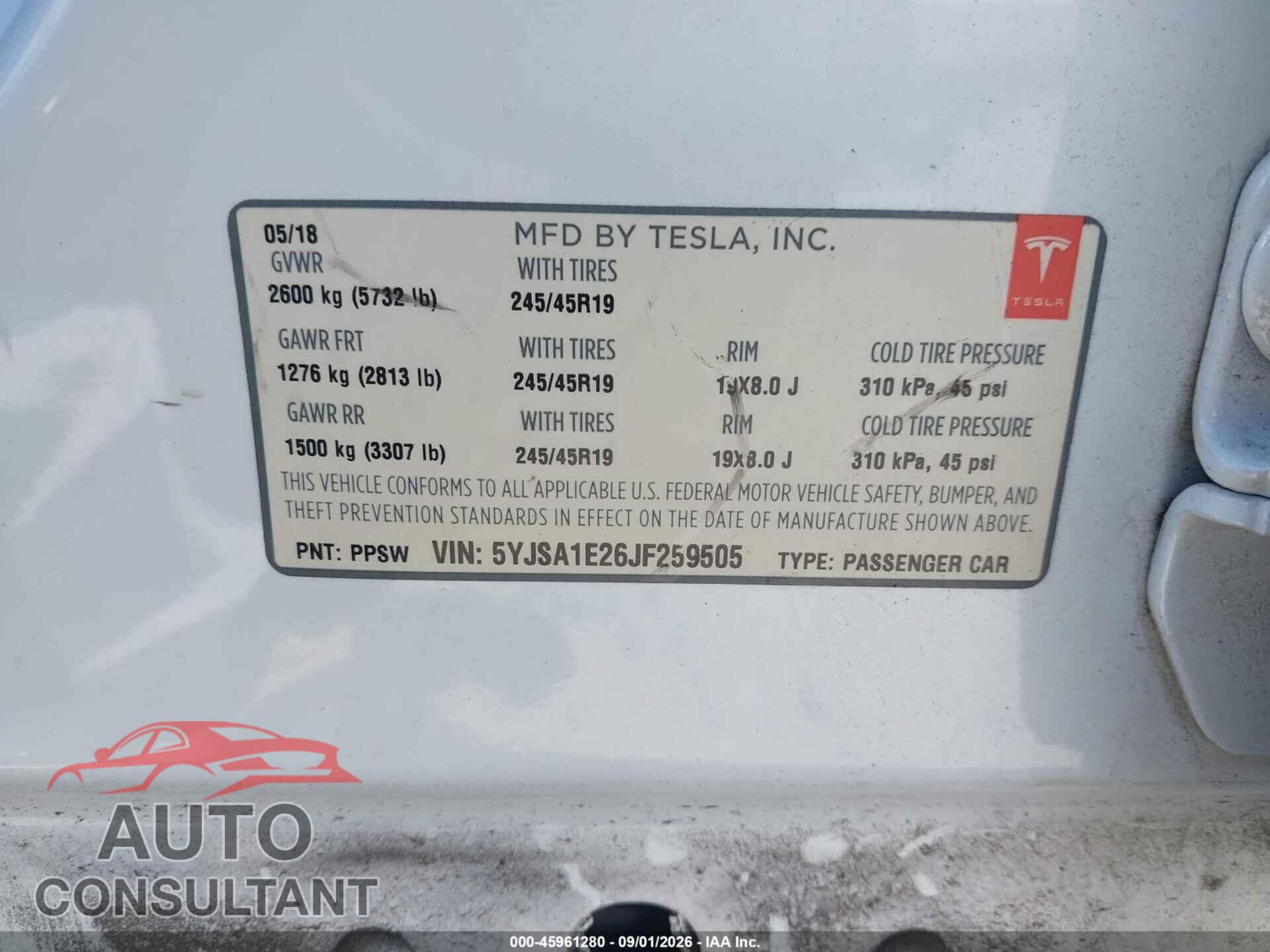 TESLA MODEL S 2018 - 5YJSA1E26JF259505