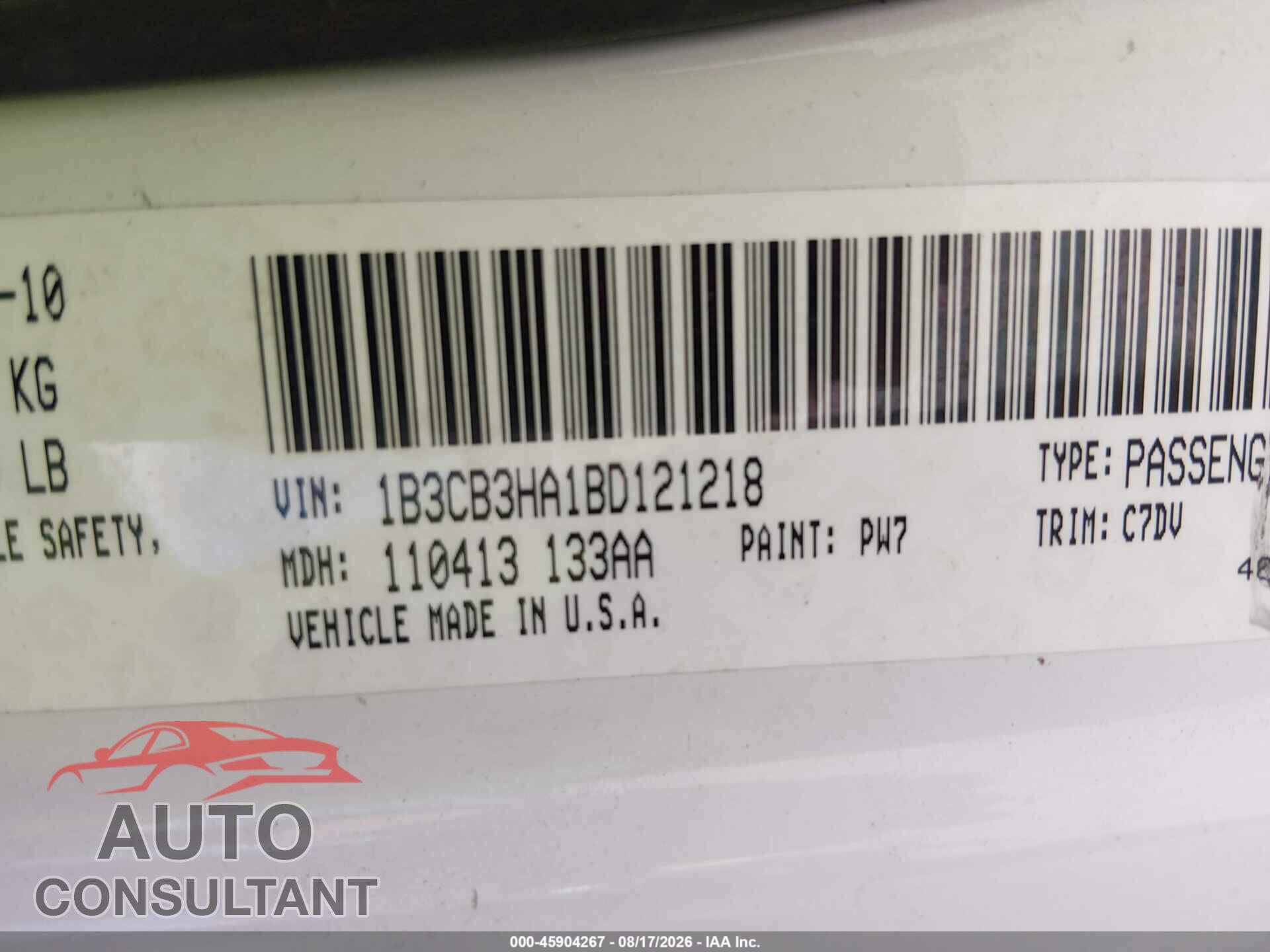 DODGE CALIBER 2011 - 1B3CB3HA1BD121218