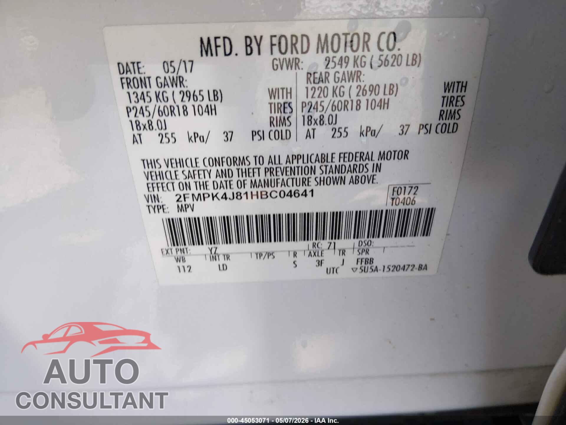 FORD EDGE 2017 - 2FMPK4J81HBC04641