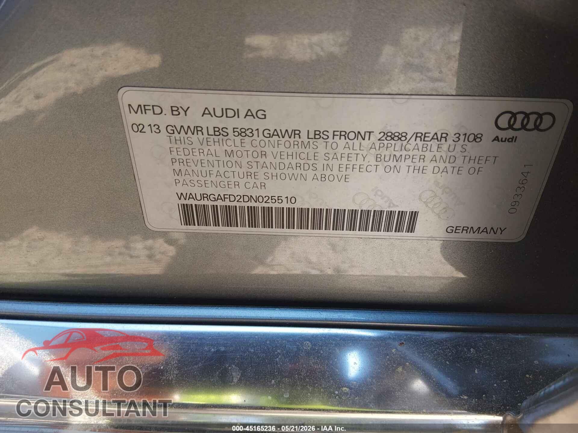 AUDI A8 L 2013 - WAURGAFD2DN025510