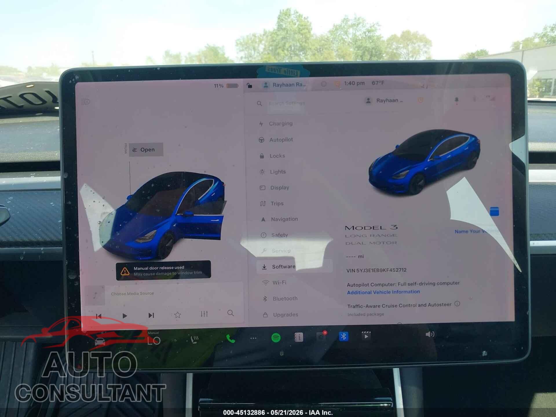 TESLA MODEL 3 2019 - 5YJ3E1EB9KF452712