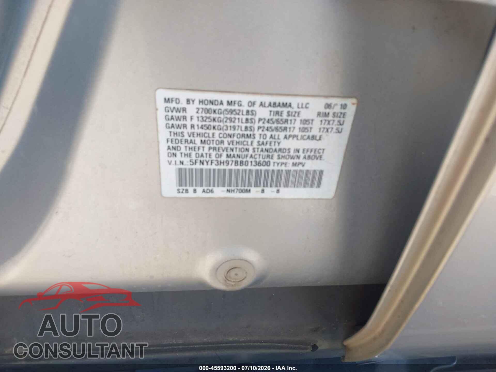 HONDA PILOT 2011 - 5FNYF3H97BB013600