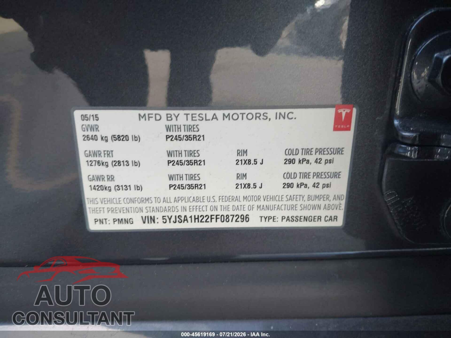 TESLA MODEL S 2015 - 5YJSA1H22FF087296