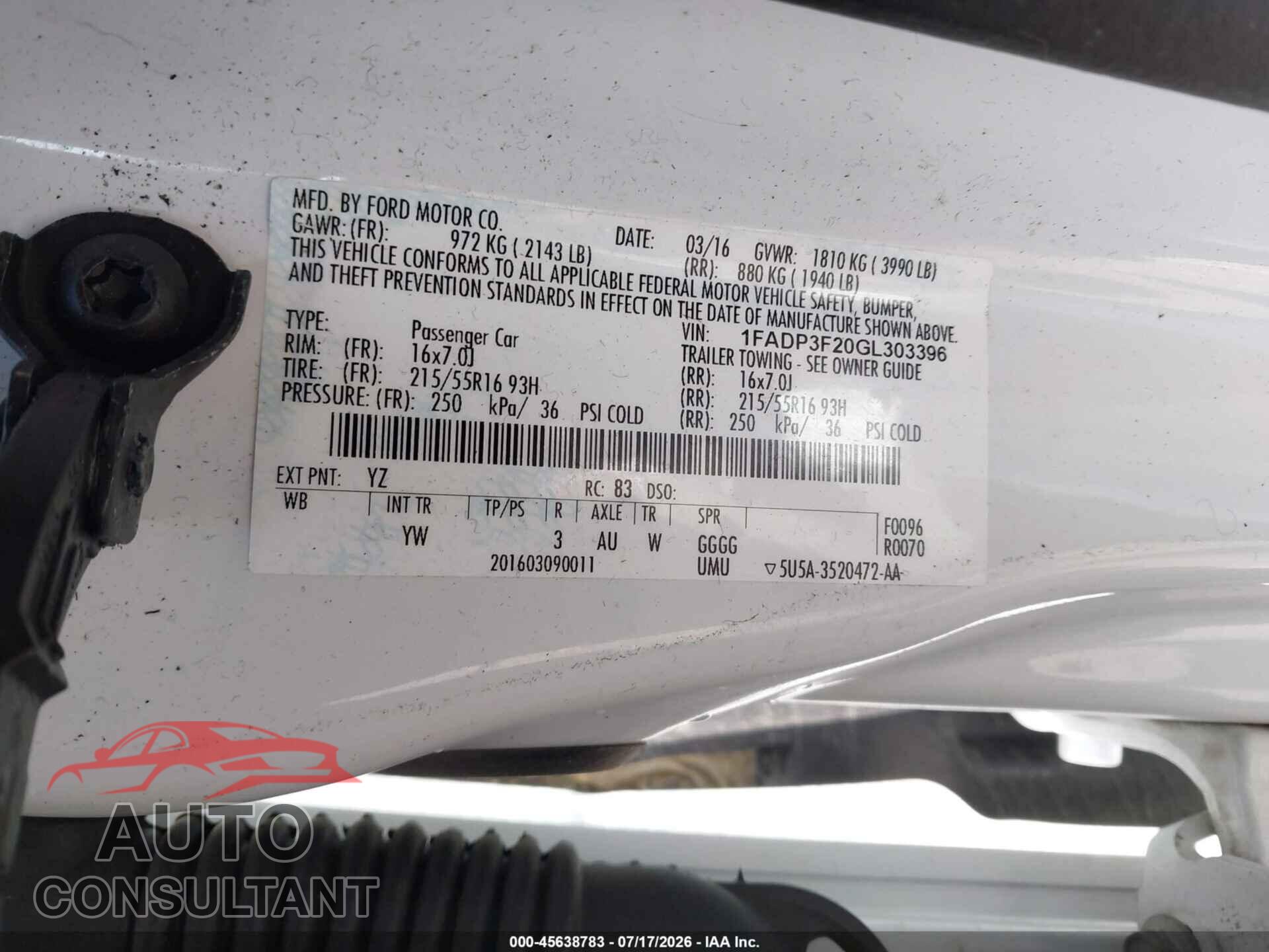 FORD FOCUS 2016 - 1FADP3F20GL303396