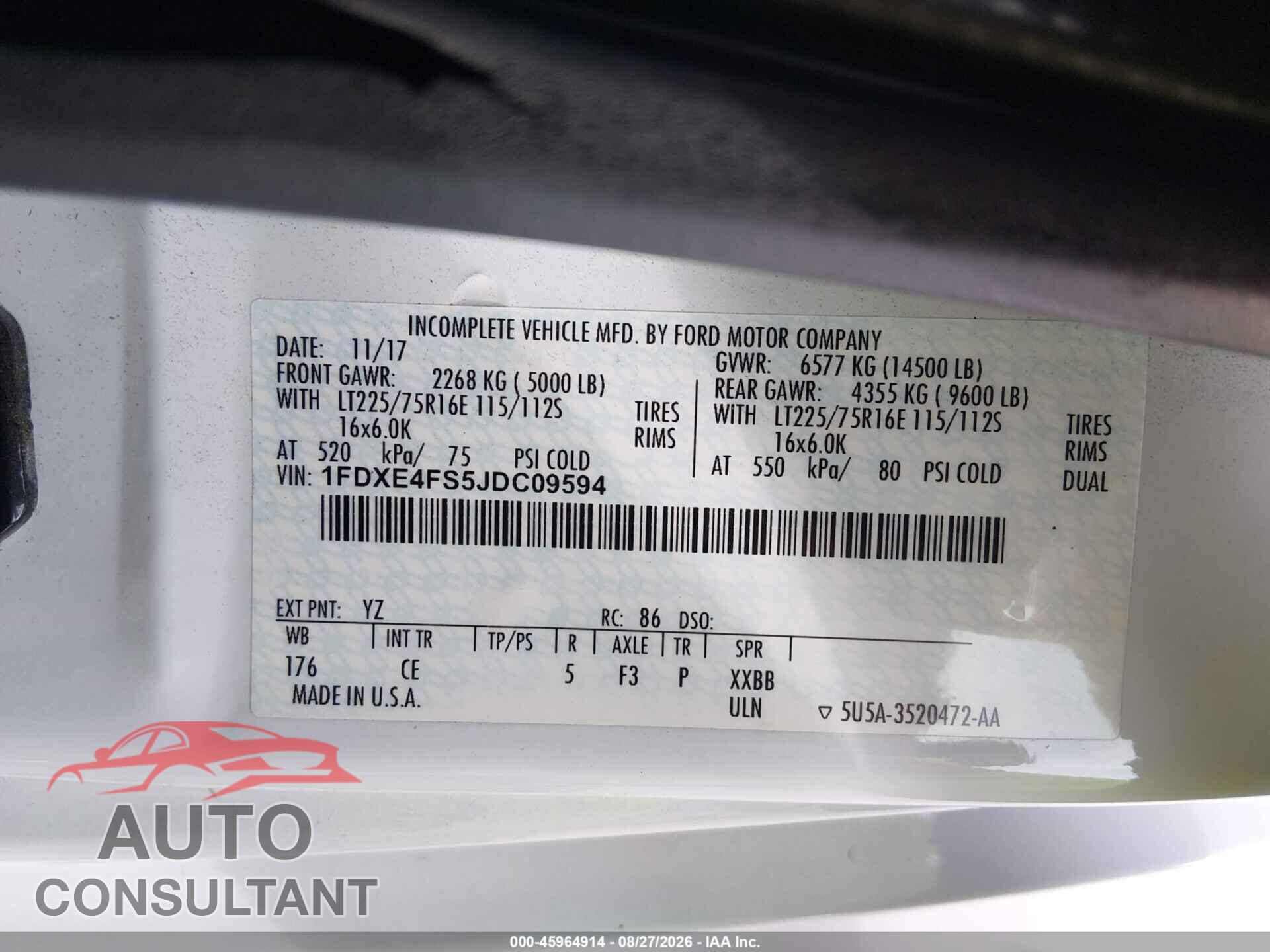 FORD E-450 CUTAWAY 2018 - 1FDXE4FS5JDC09594