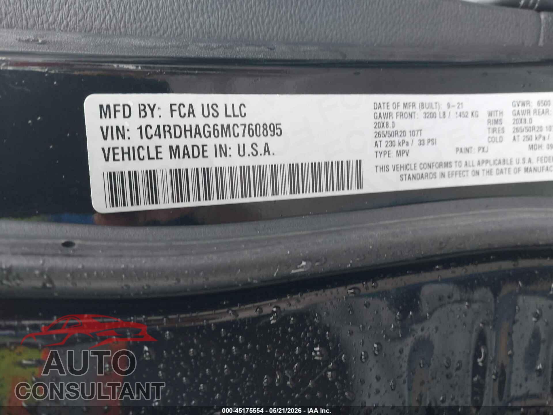 DODGE DURANGO 2021 - 1C4RDHAG6MC760895