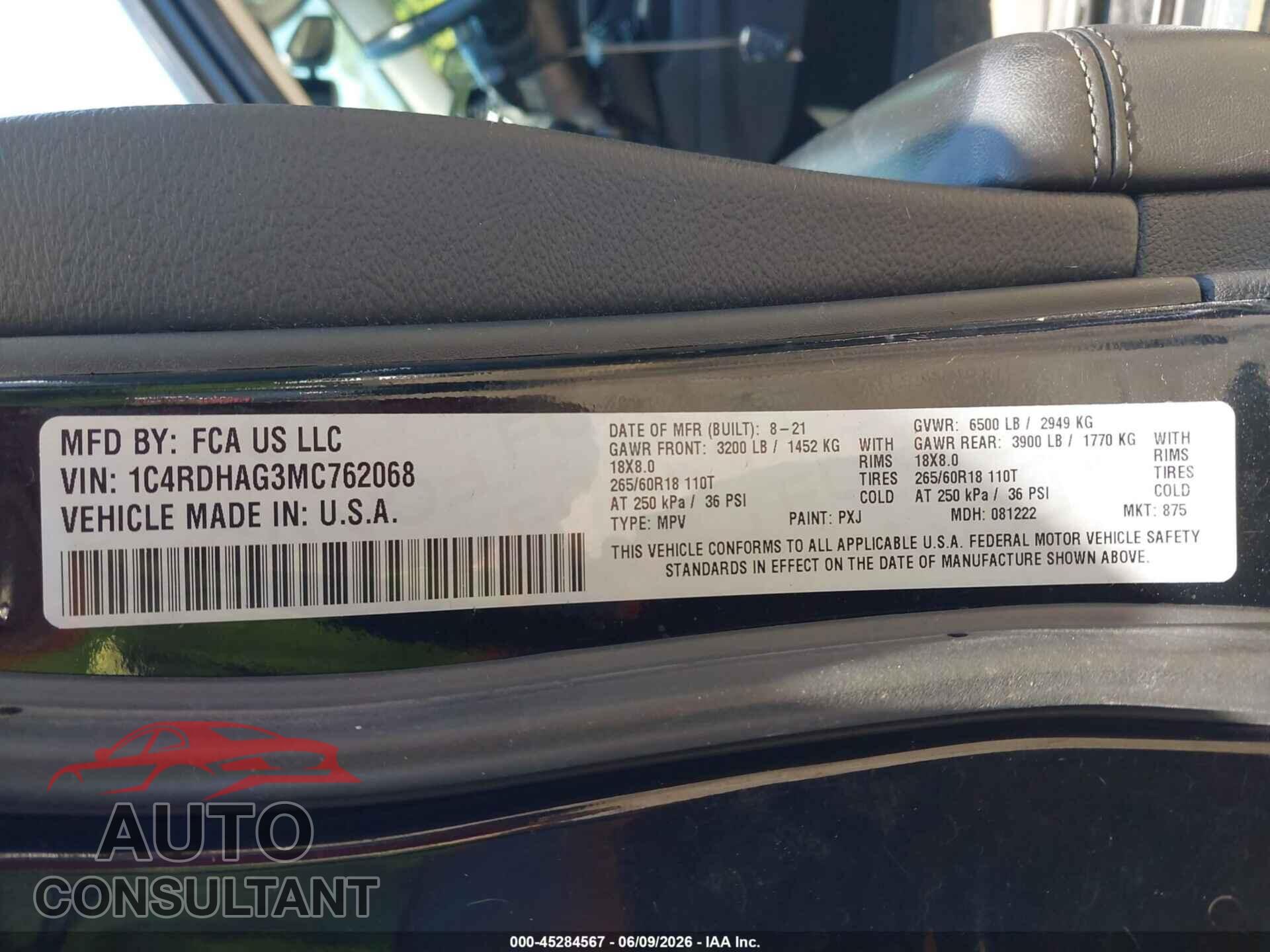 DODGE DURANGO 2021 - 1C4RDHAG3MC762068