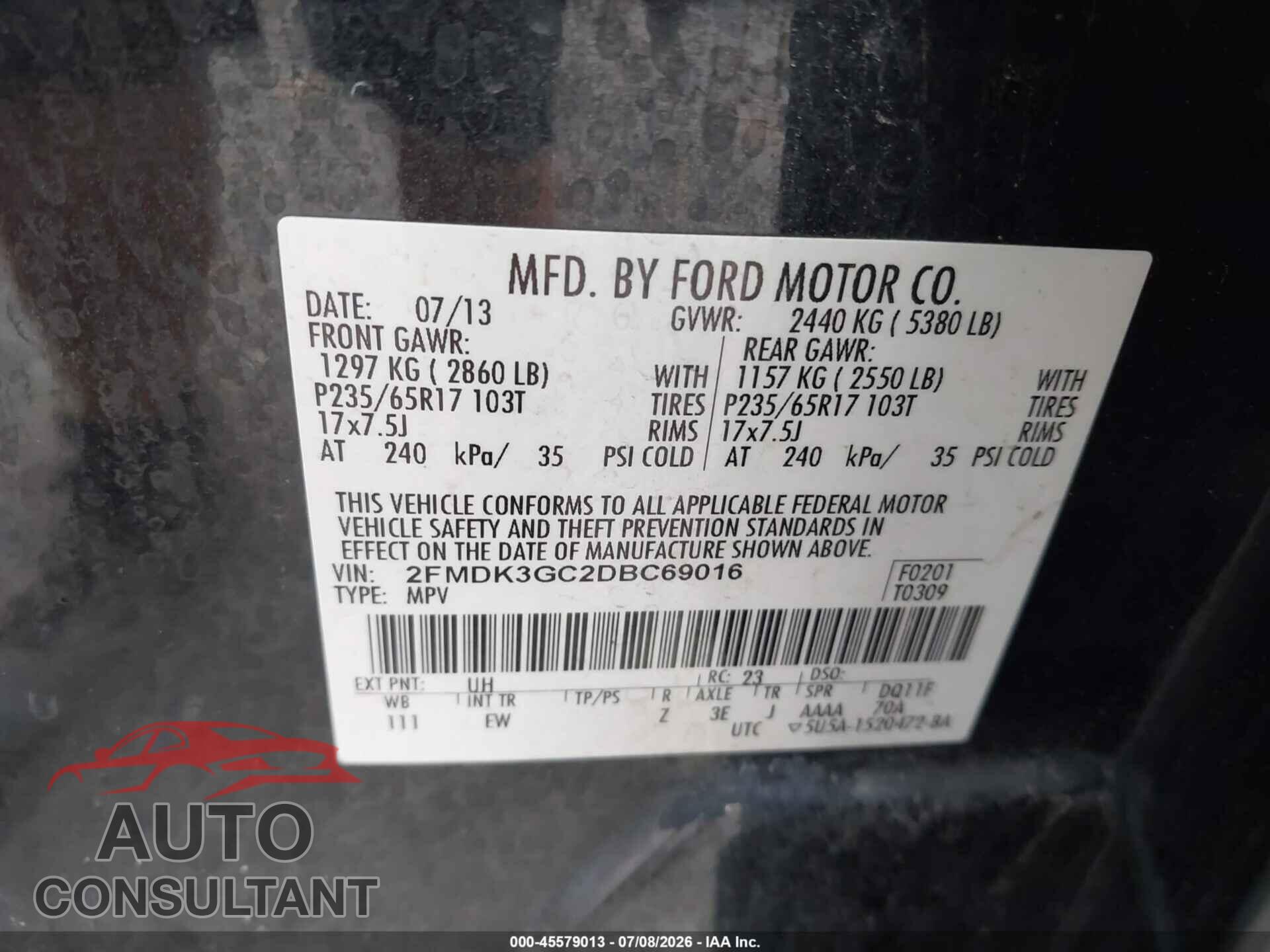 FORD EDGE 2013 - 2FMDK3GC2DBC69016