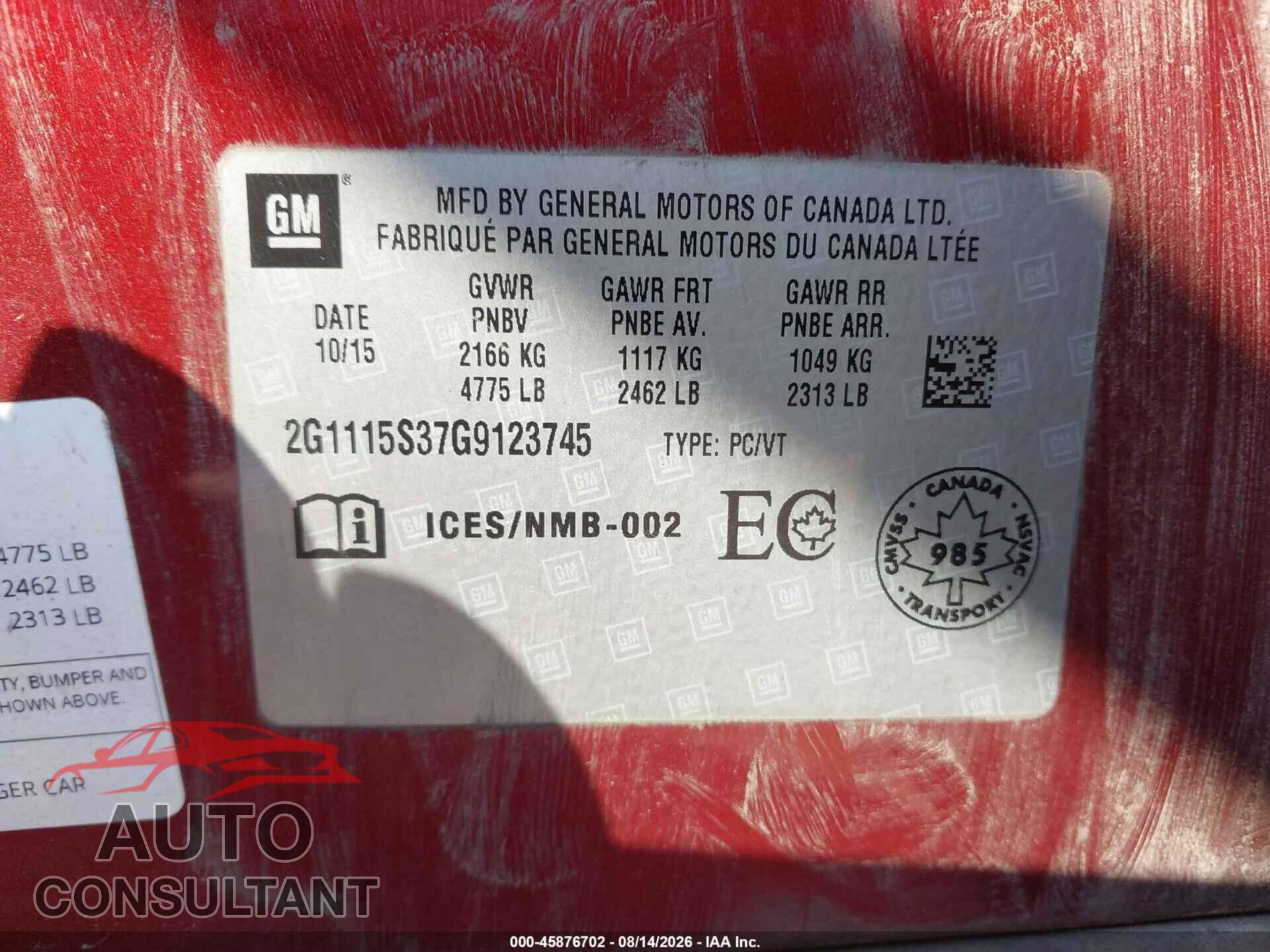 CHEVROLET IMPALA 2016 - 2G1115S37G9123745