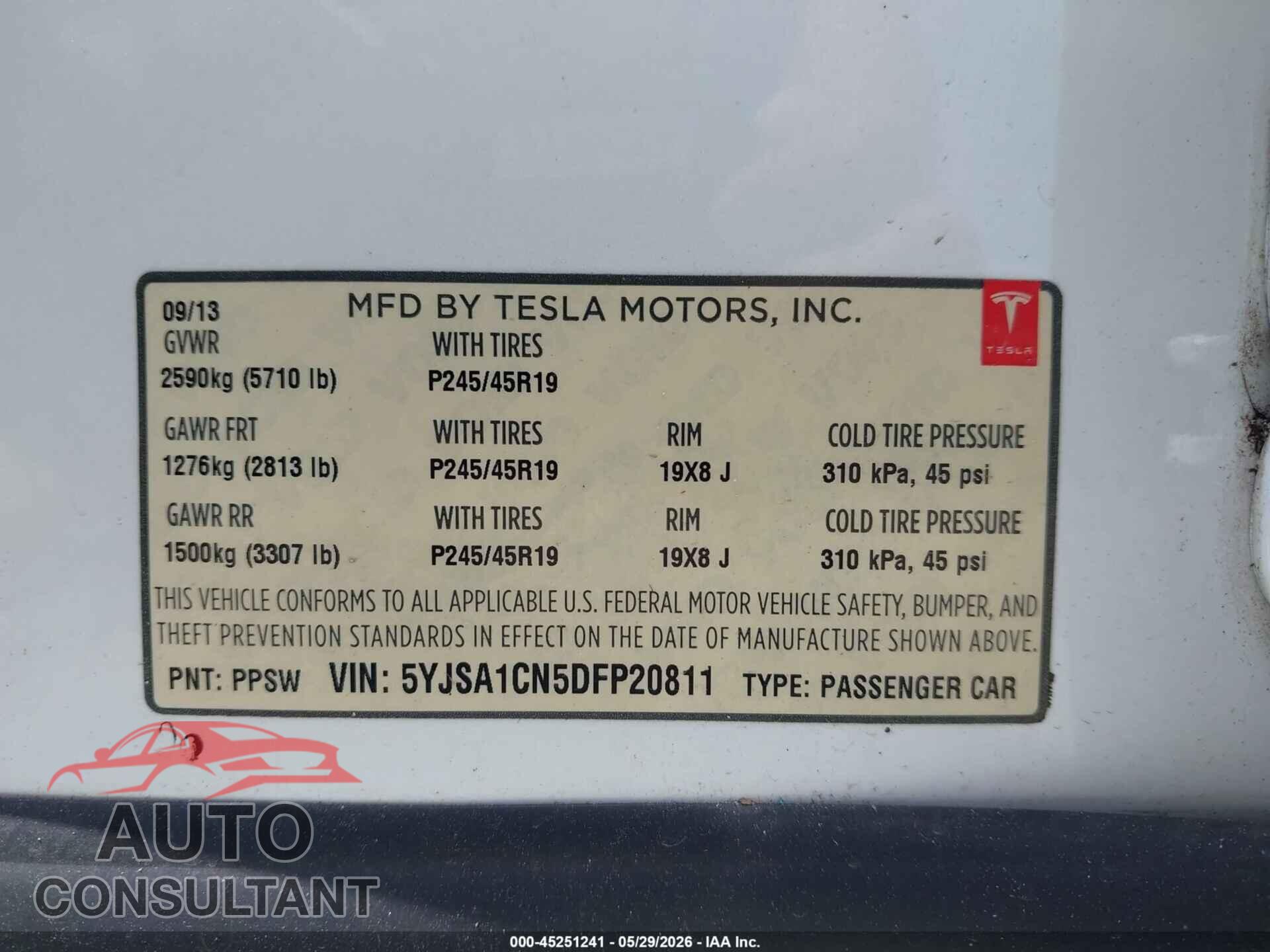 TESLA MODEL S 2013 - 5YJSA1CN5DFP20811