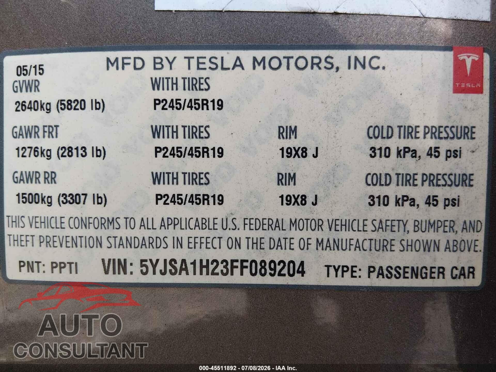 TESLA MODEL S 2015 - 5YJSA1H23FF089204