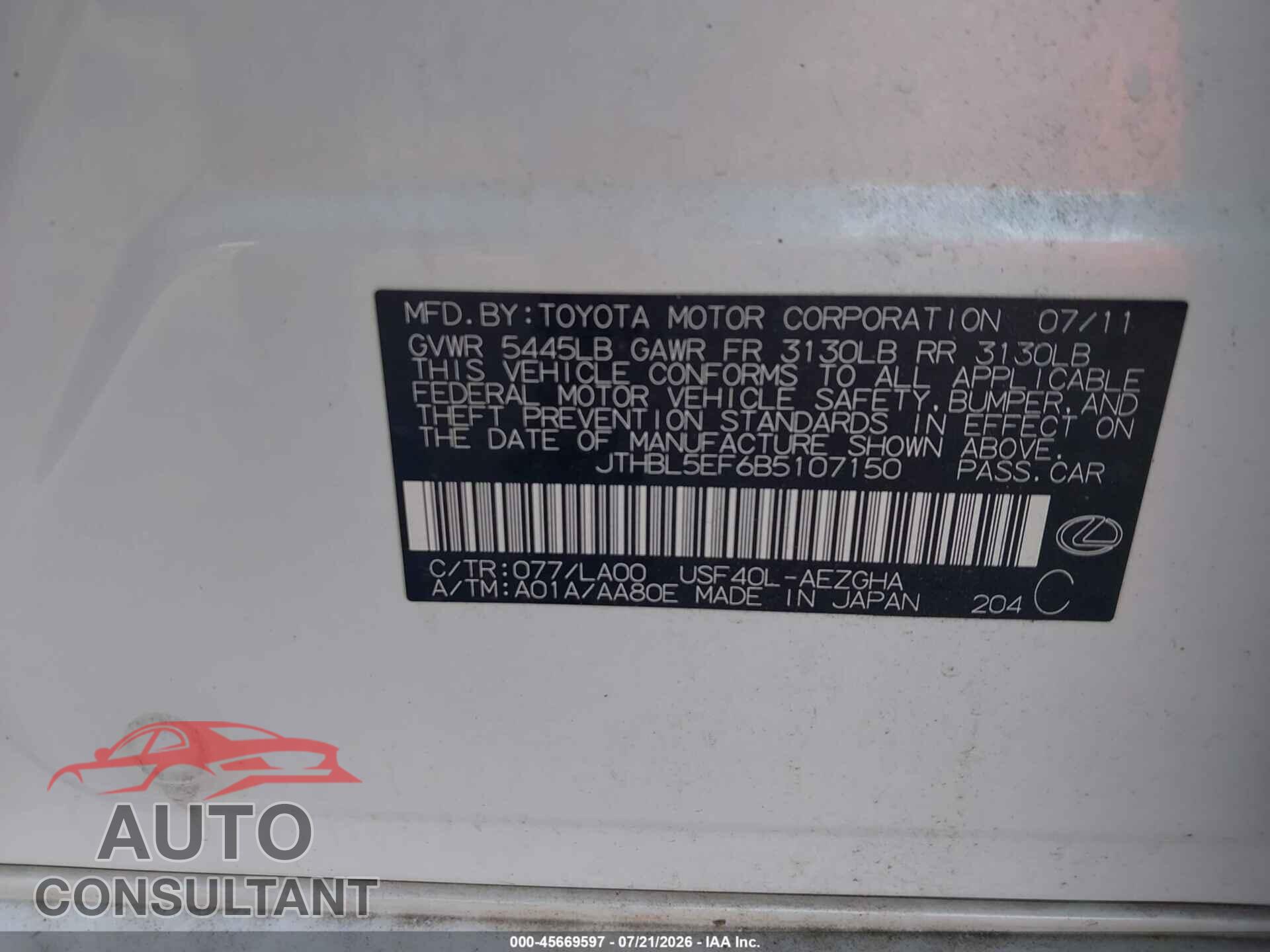 LEXUS LS 460 2011 - JTHBL5EF6B5107150