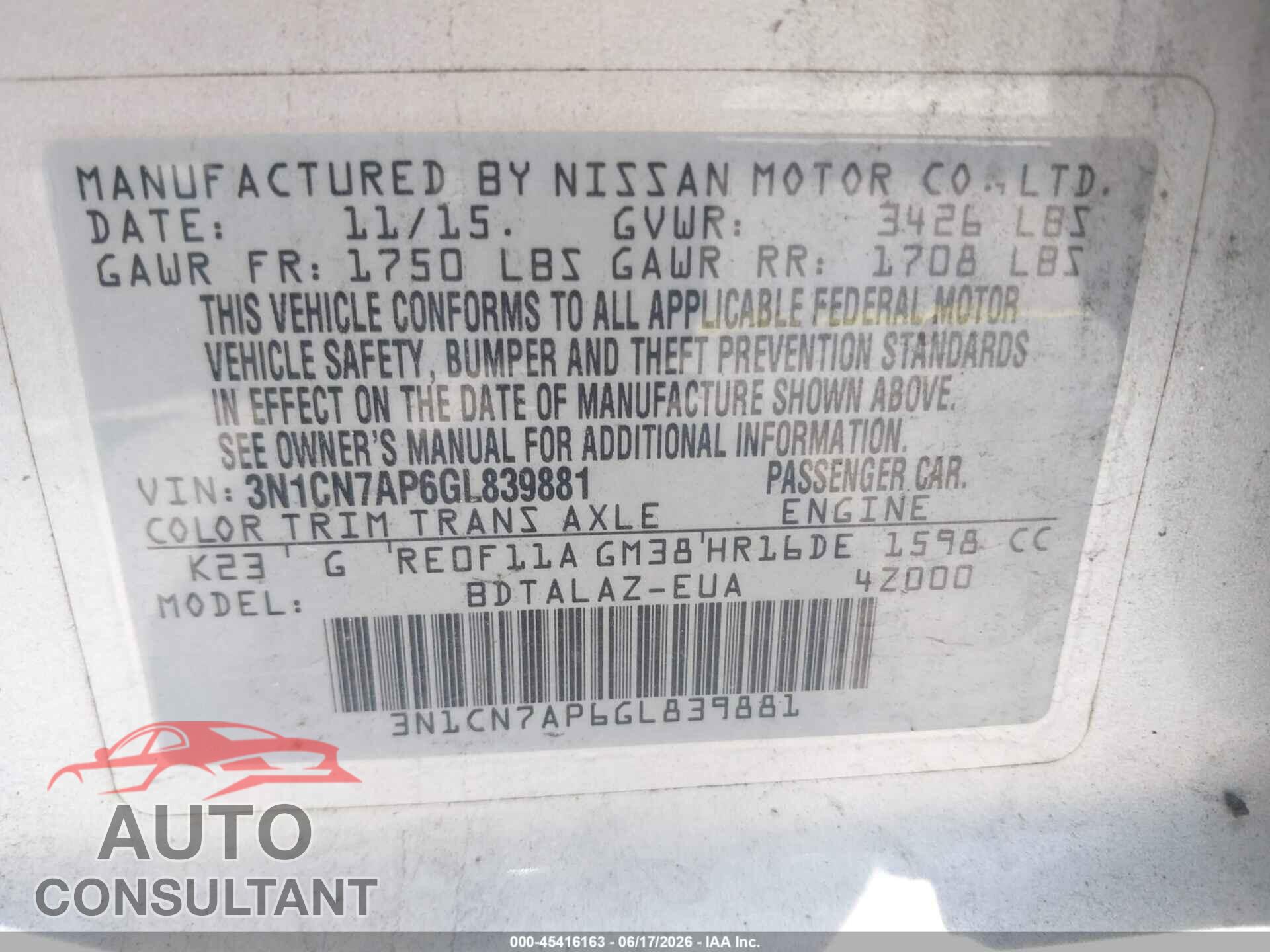 NISSAN VERSA 2016 - 3N1CN7AP6GL839881