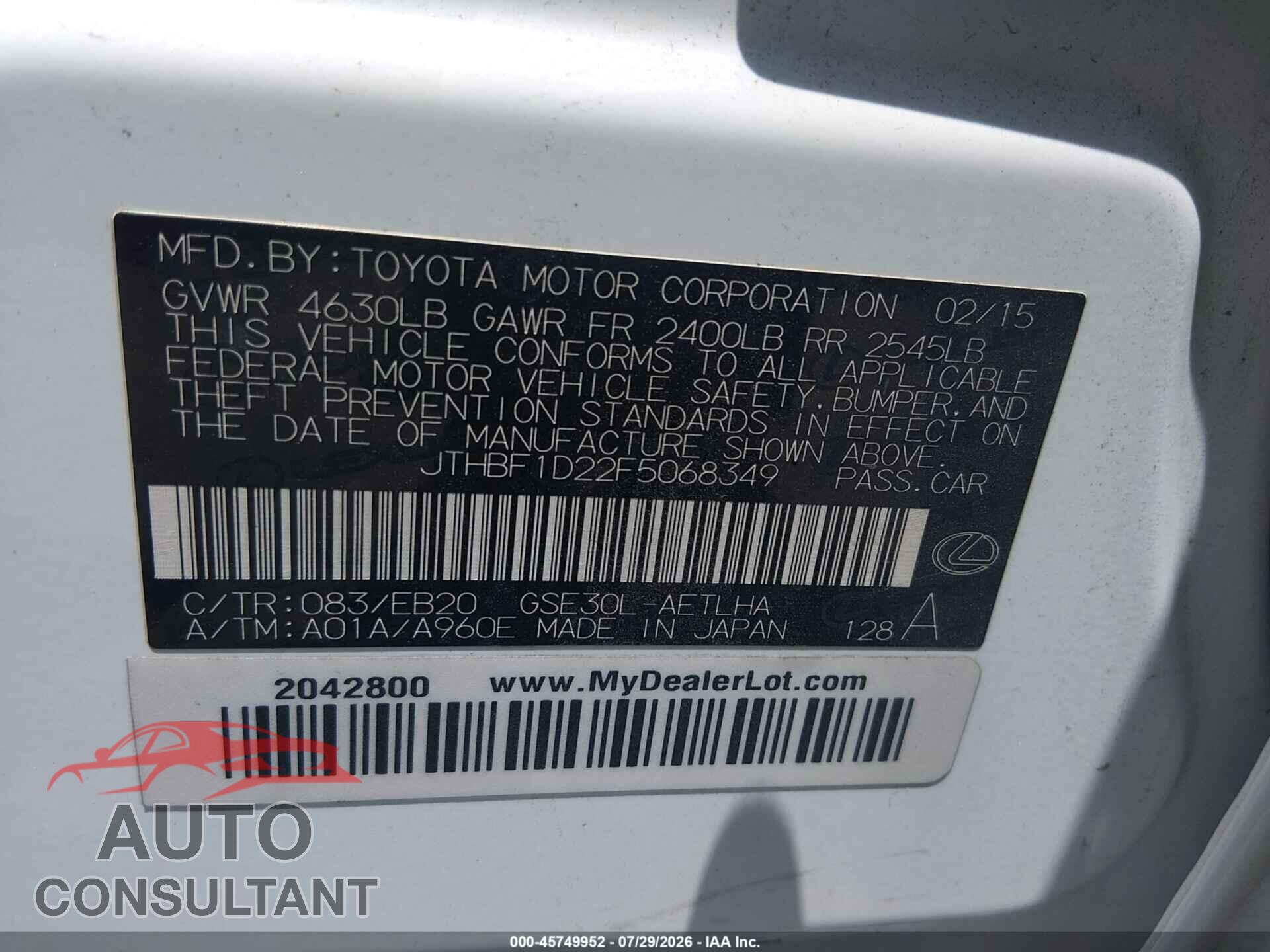 LEXUS IS 250 2015 - JTHBF1D22F5068349