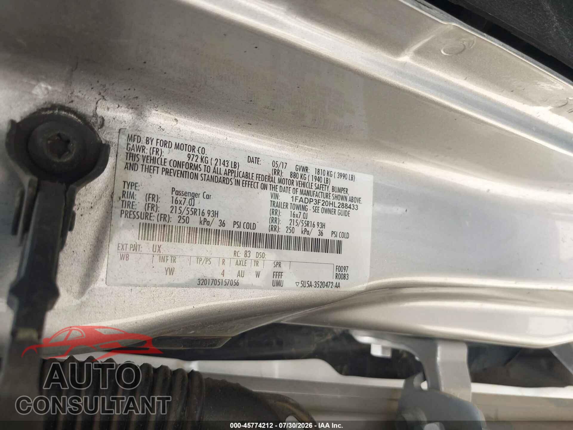 FORD FOCUS 2017 - 1FADP3F20HL288433