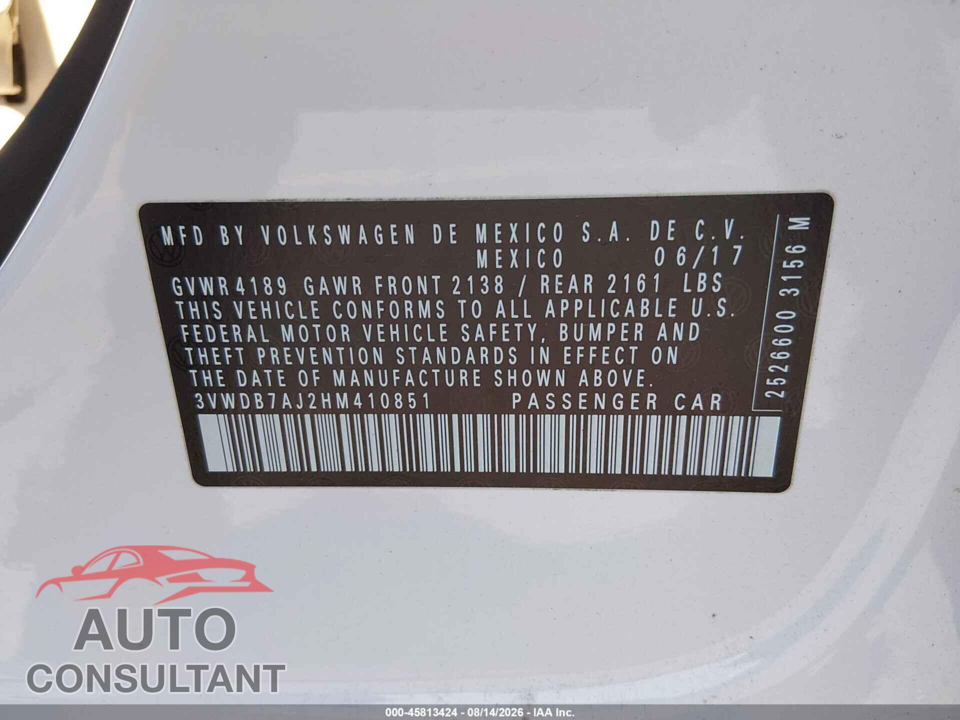 VOLKSWAGEN JETTA 2017 - 3VWDB7AJ2HM410851
