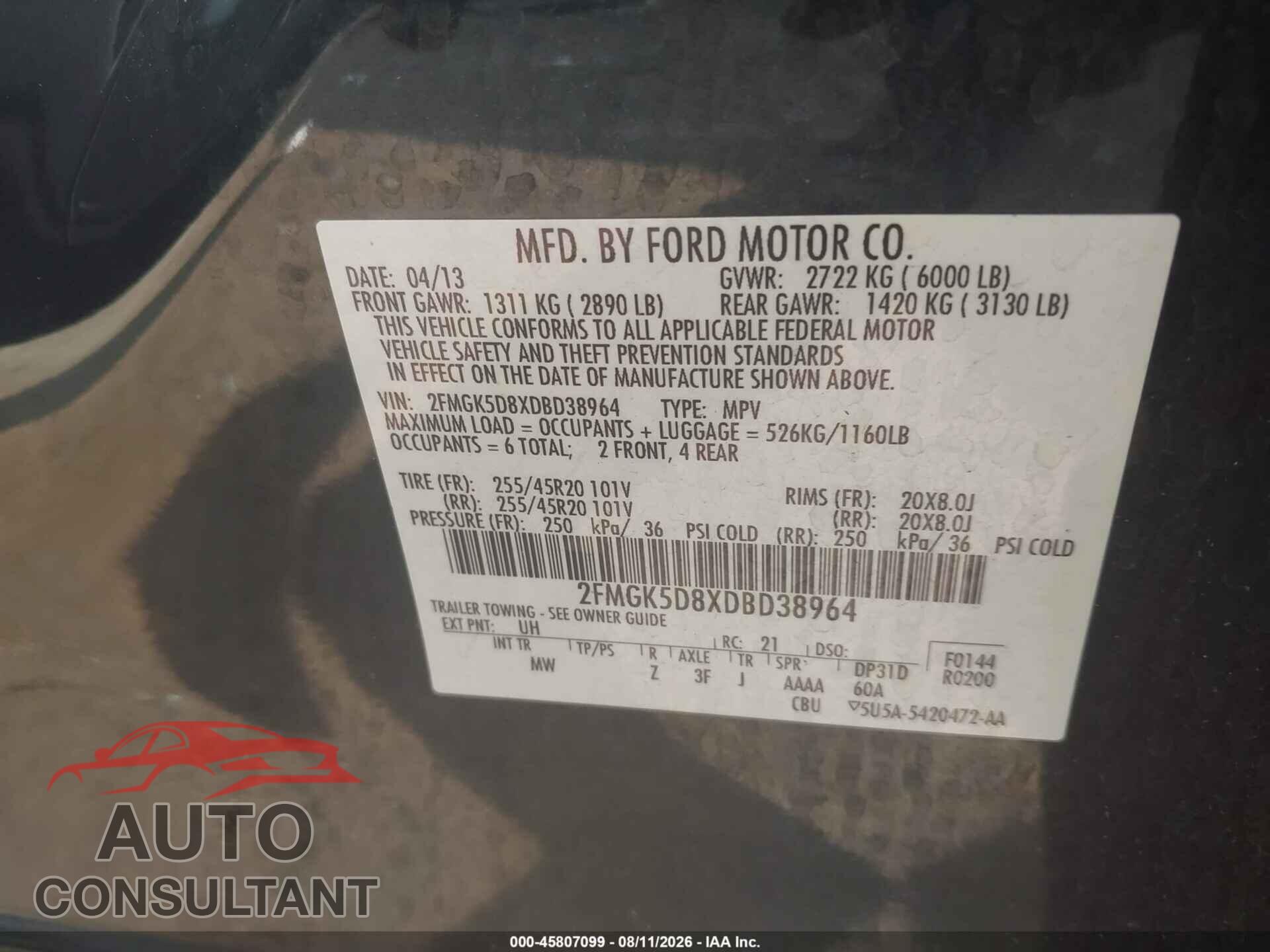 FORD FLEX 2013 - 2FMGK5D8XDBD38964