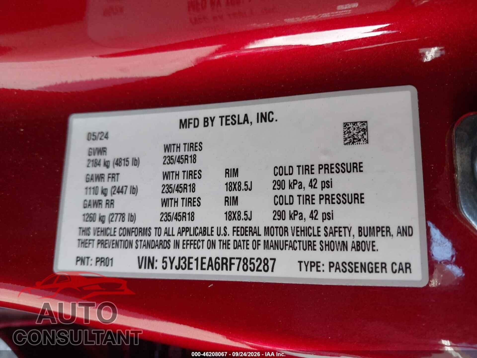 TESLA MODEL 3 2024 - 5YJ3E1EA6RF785287
