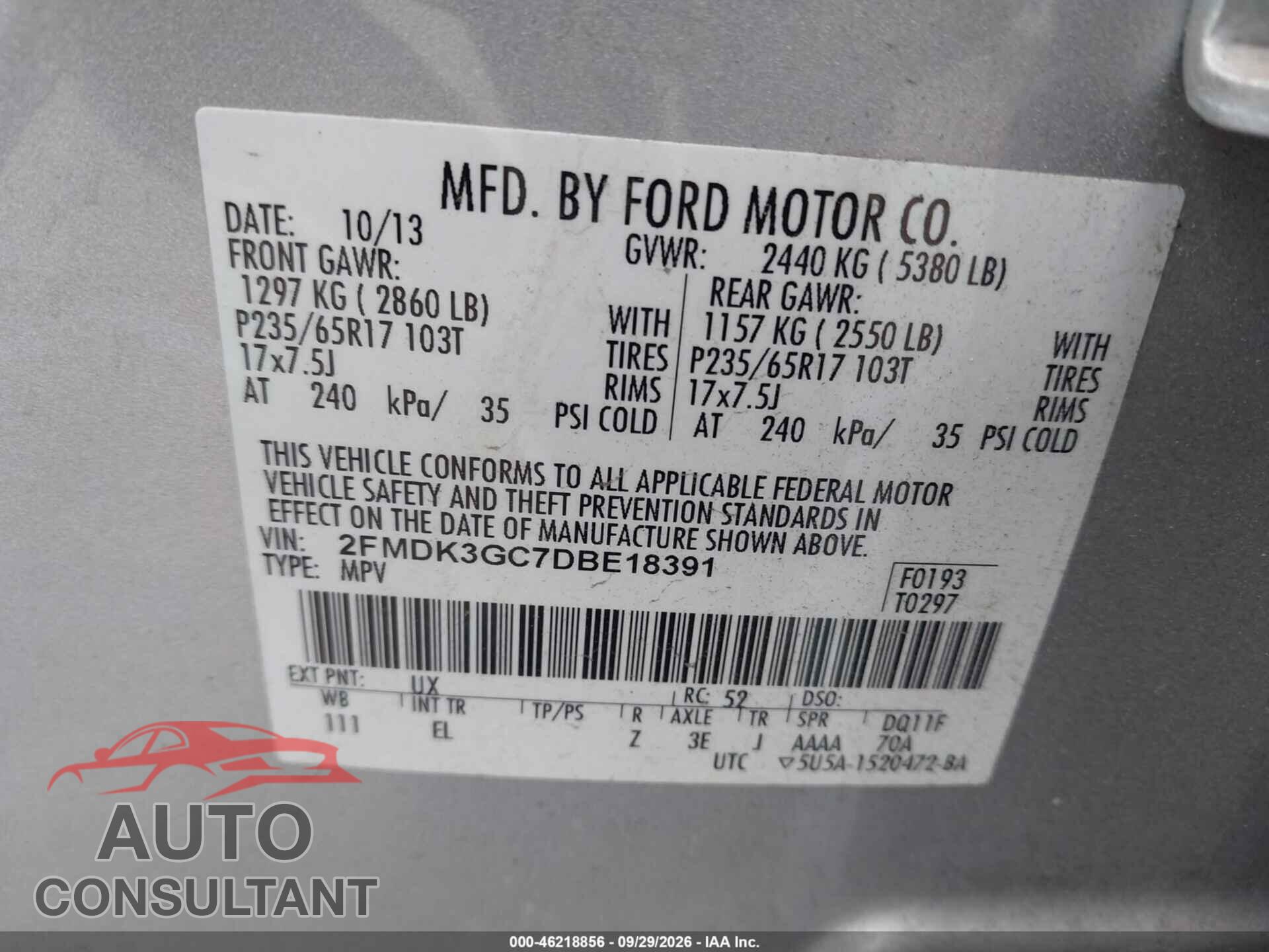 FORD EDGE 2013 - 2FMDK3GC7DBE18391
