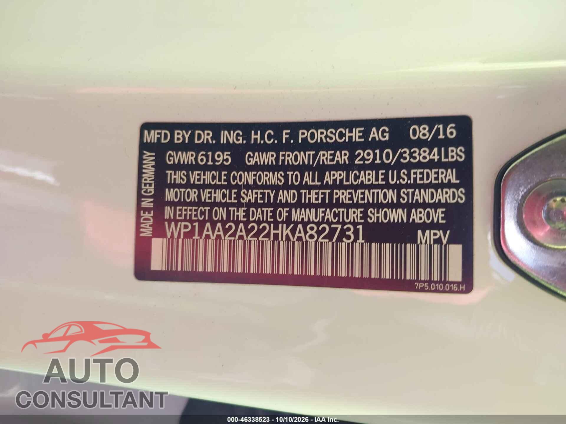 PORSCHE CAYENNE 2017 - WP1AA2A22HKA82731