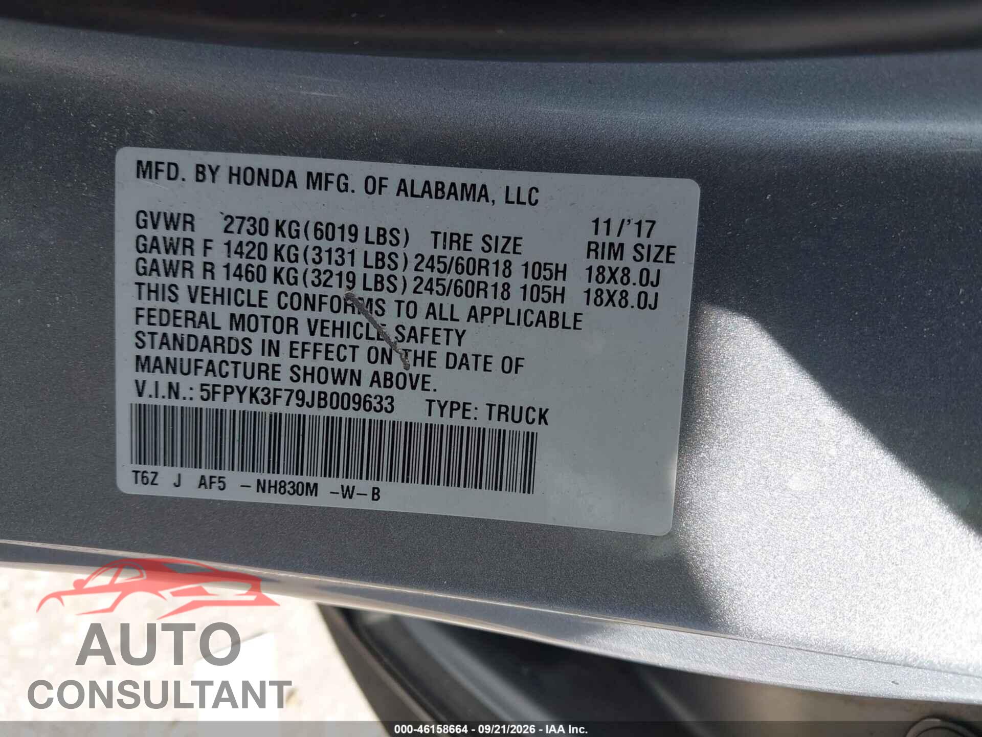 HONDA RIDGELINE 2018 - 5FPYK3F79JB009633
