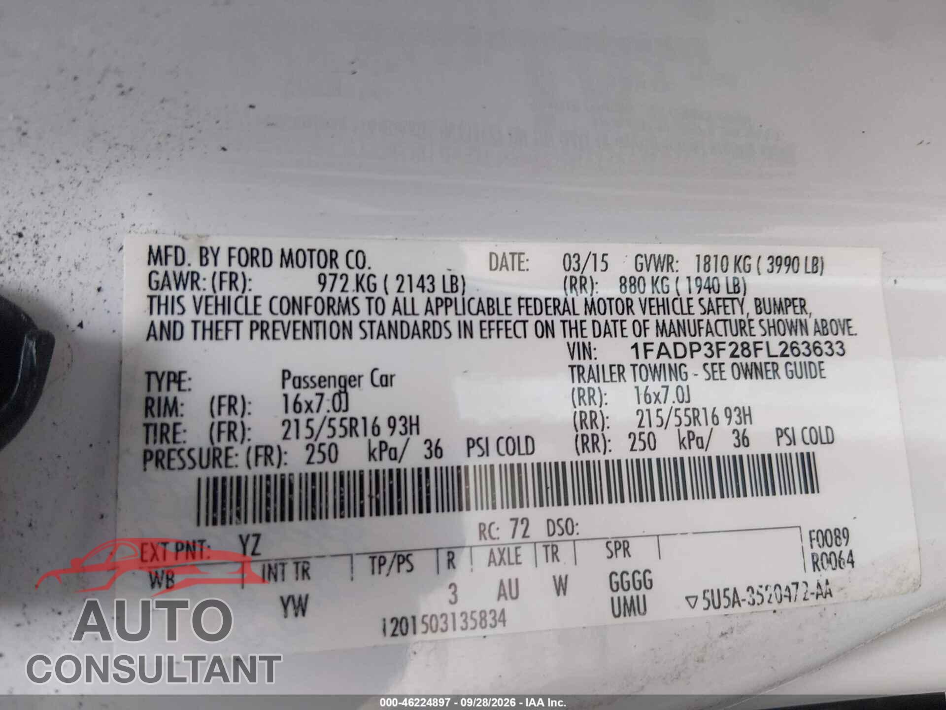 FORD FOCUS 2015 - 1FADP3F28FL263633