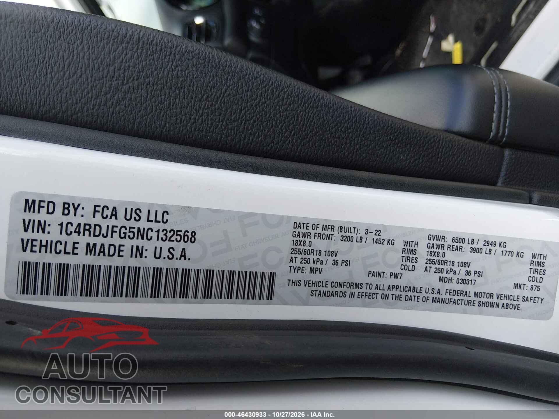 DODGE DURANGO 2022 - 1C4RDJFG5NC132568