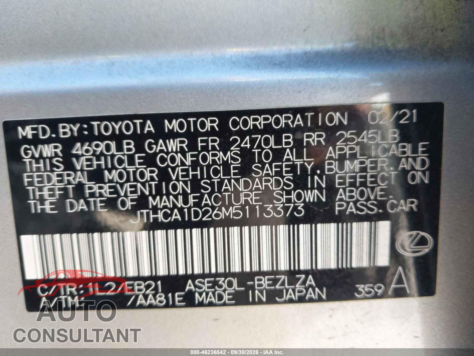LEXUS IS 300 2021 - JTHCA1D26M5113373