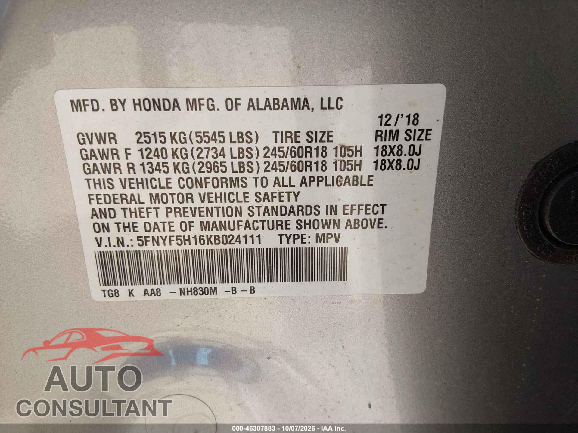 HONDA PILOT 2019 - 5FNYF5H16KB024111
