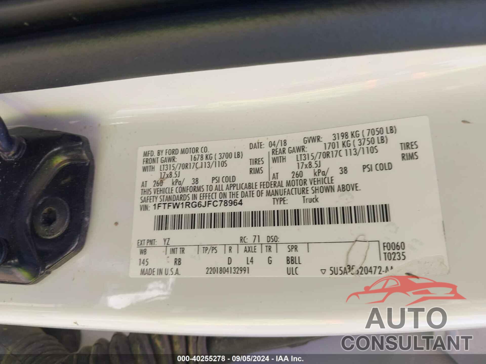 FORD F-150 2018 - 1FTFW1RG6JFC78964