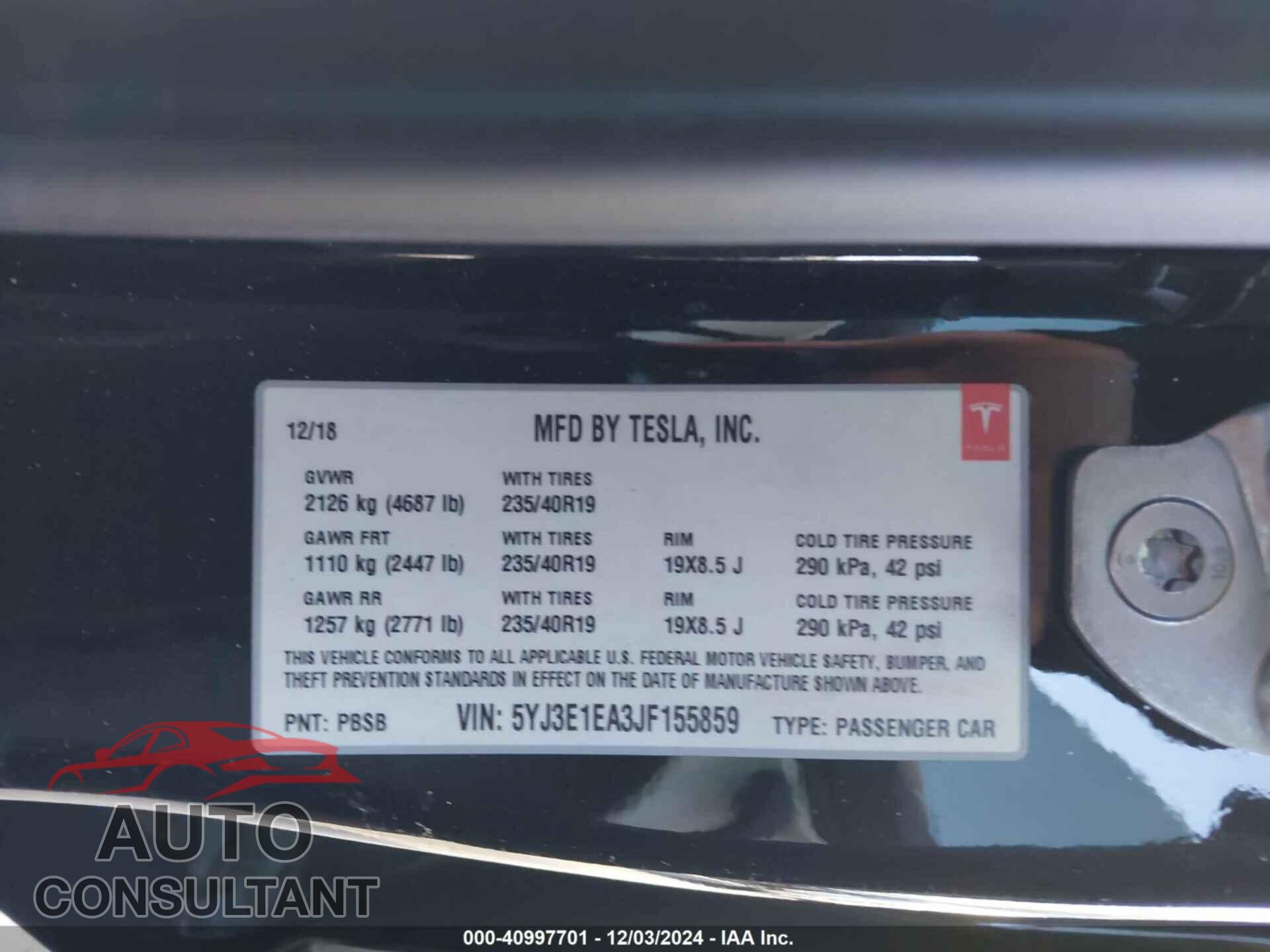 TESLA MODEL 3 2018 - 5YJ3E1EA3JF155859