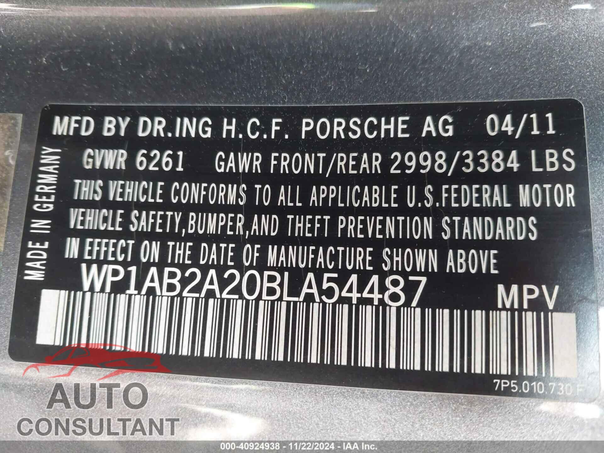 PORSCHE CAYENNE 2011 - WP1AB2A20BLA54487