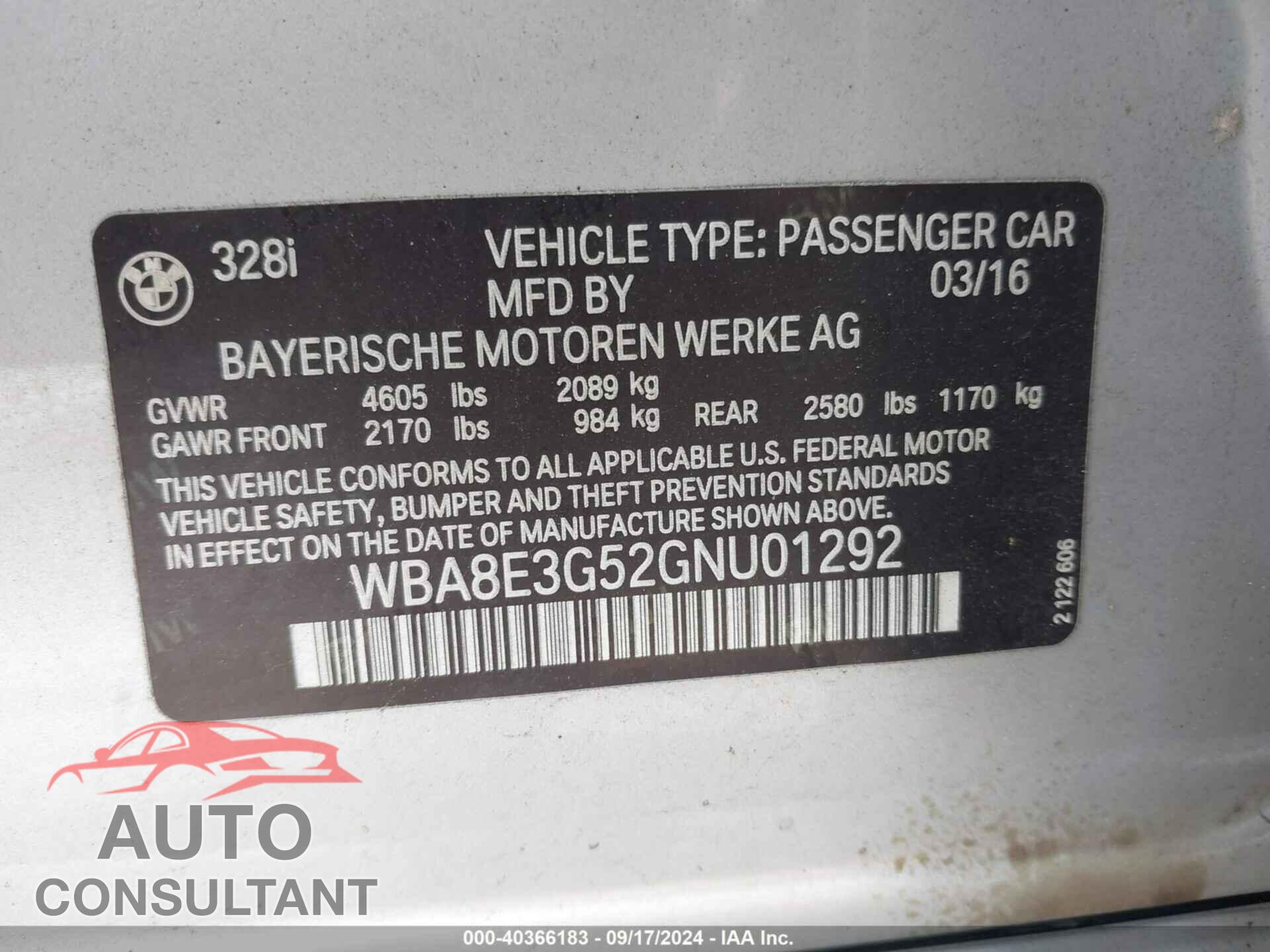 BMW 328I 2016 - WBA8E3G52GNU01292