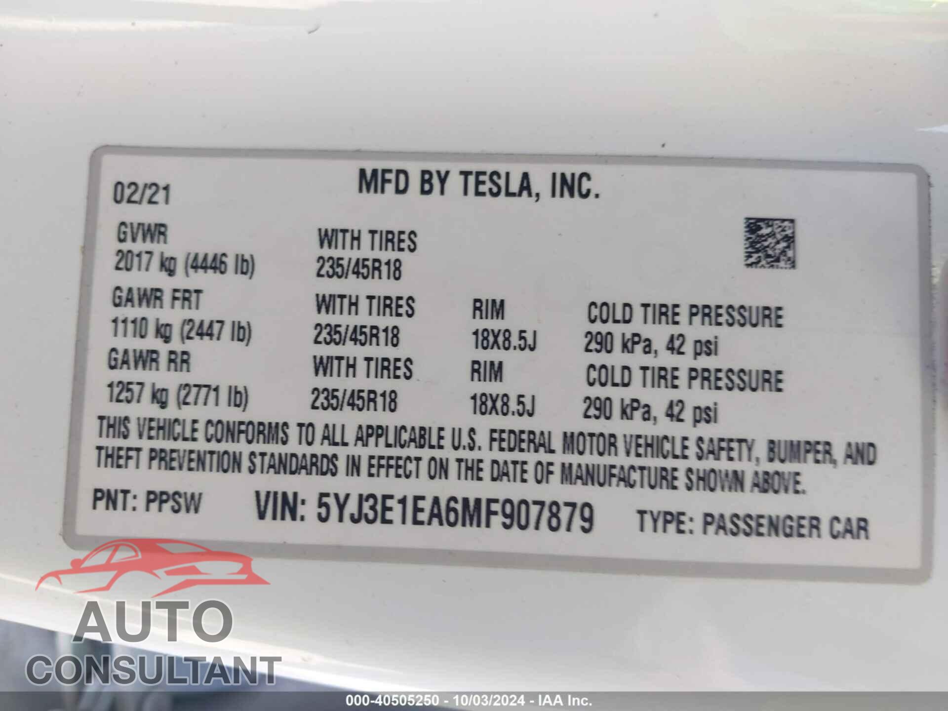 TESLA MODEL 3 2021 - 5YJ3E1EA6MF907879