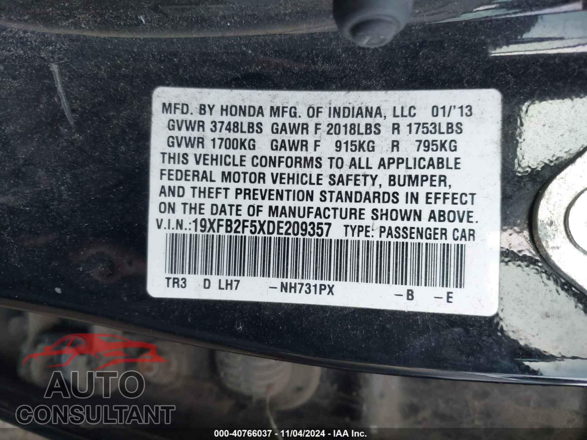 HONDA CIVIC 2013 - 19XFB2F5XDE209357